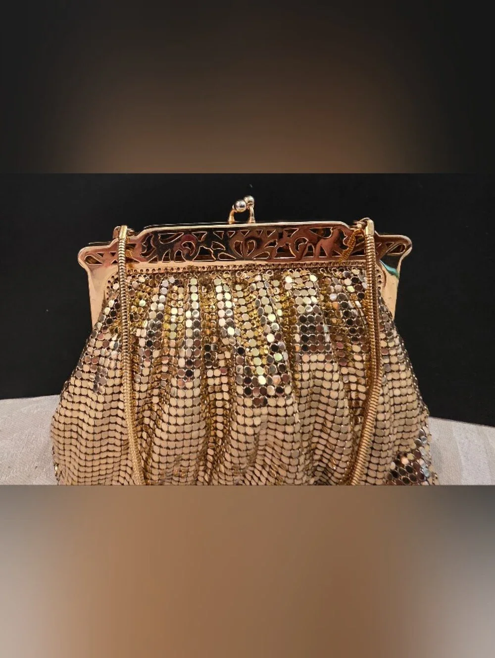 Whiting & Davis Vintage Gold Evening Bag Filigree Frame Style Model 2898